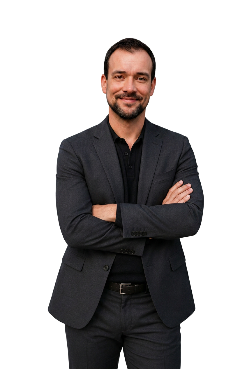 Bjorn Donners, founder en strateeg van Synergi8, portret in donker pak met gekruiste armen